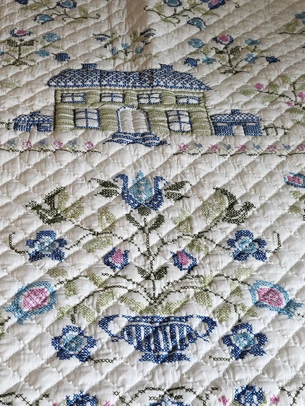 1970s Paragon #01171 American Sampler Cross Stitch Quilt Queen Signed/Dated